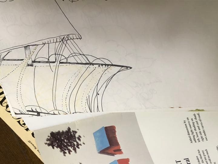 トールペイント　ハート木型　帆船　春風景