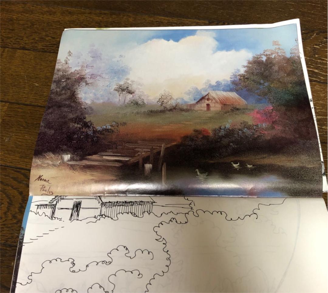 トールペイント　ハート木型　帆船　春風景