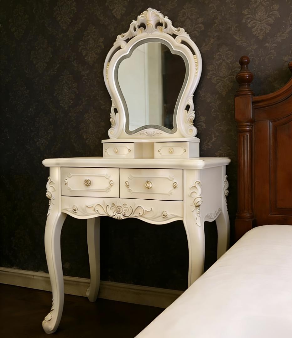 【三色変化ミラー】ホワイト白い彫刻模様ドレッサー 訳あり品109-80-01