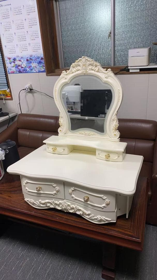 【三色変化ミラー】ホワイト白い彫刻模様ドレッサー 訳あり品109-80-01