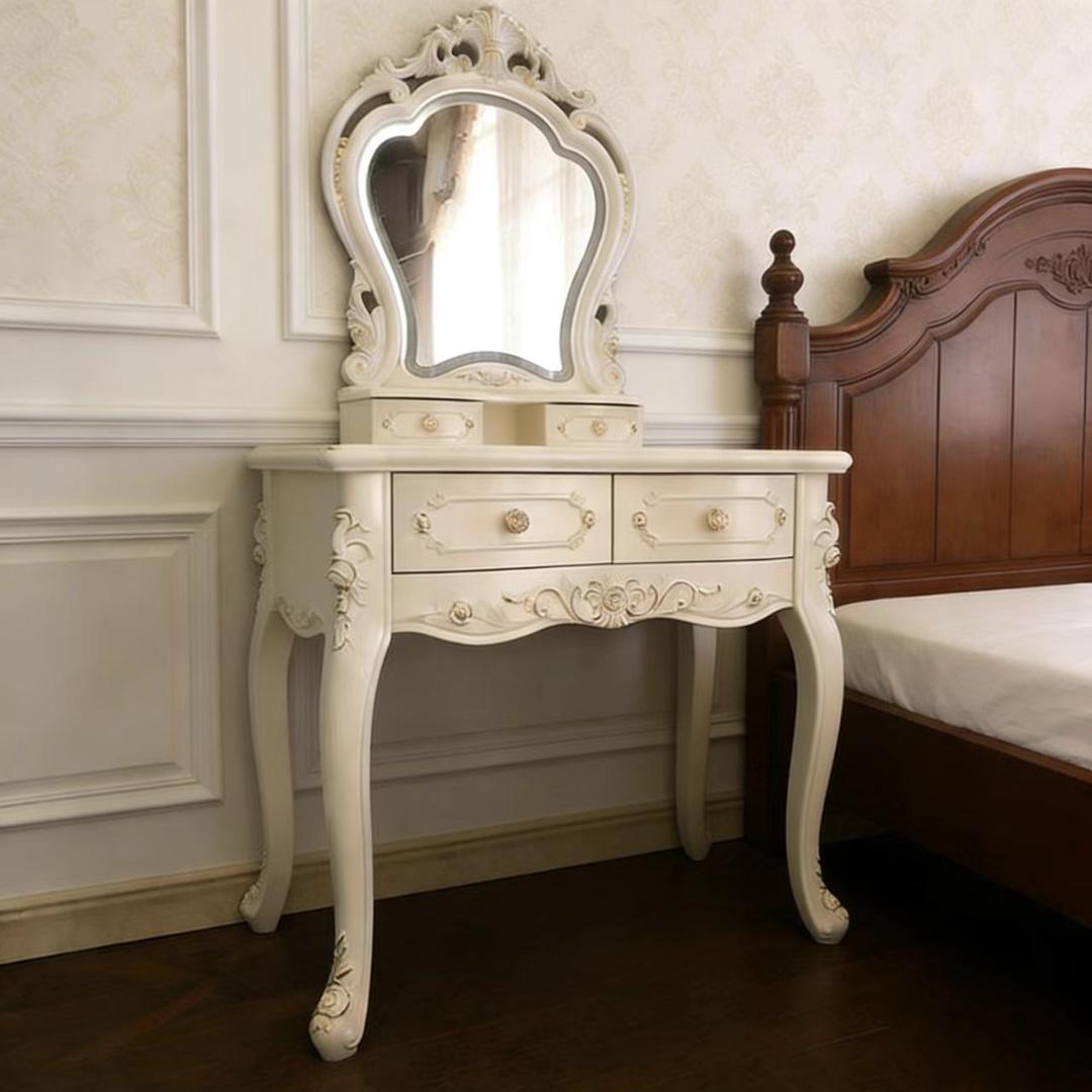 【三色変化ミラー】ホワイト白い彫刻模様ドレッサー 訳あり品109-80-01