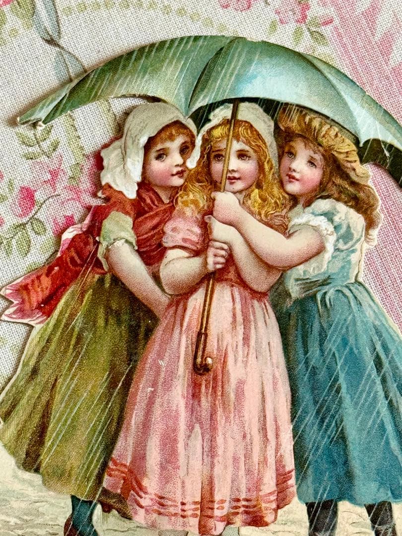 アンティーク　カード　＊３人の可愛い少女達＊　クロモス　アンティークポストカード