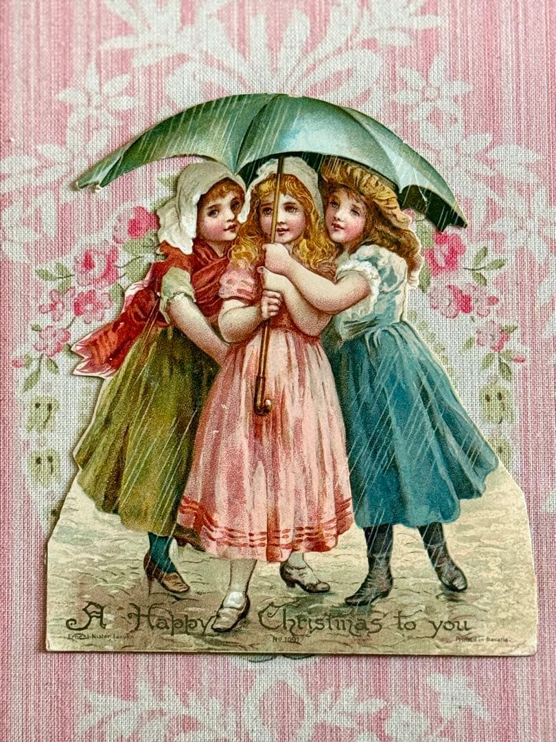 アンティーク　カード　＊３人の可愛い少女達＊　クロモス　アンティークポストカード