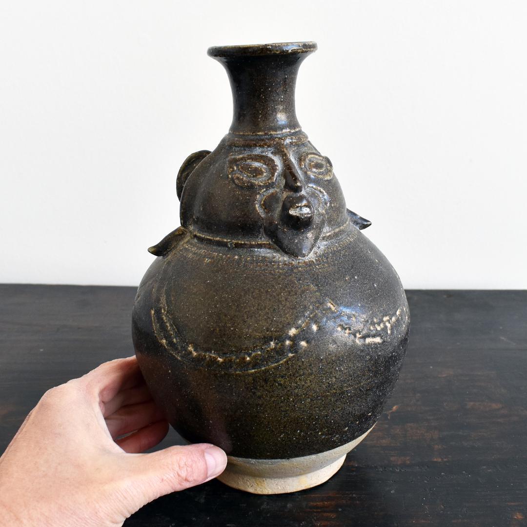 クメール カンボジア ポストアンコール 黒褐釉人面壺 /壷 古陶器 古道具