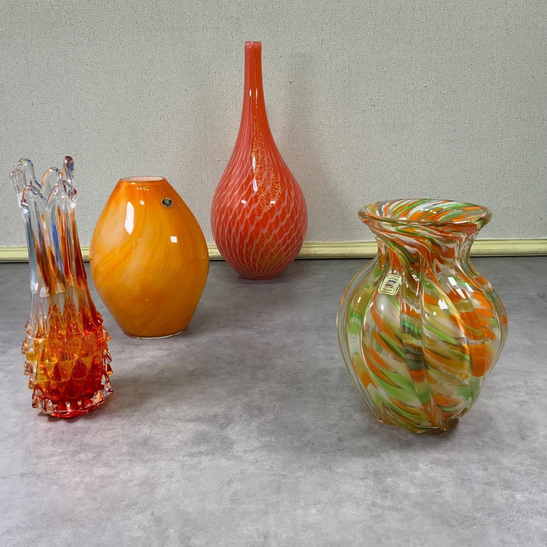 ヴィンテージ ガラス ベース マーブル　オレンジ×ホワイト×グリーン 花器 花瓶