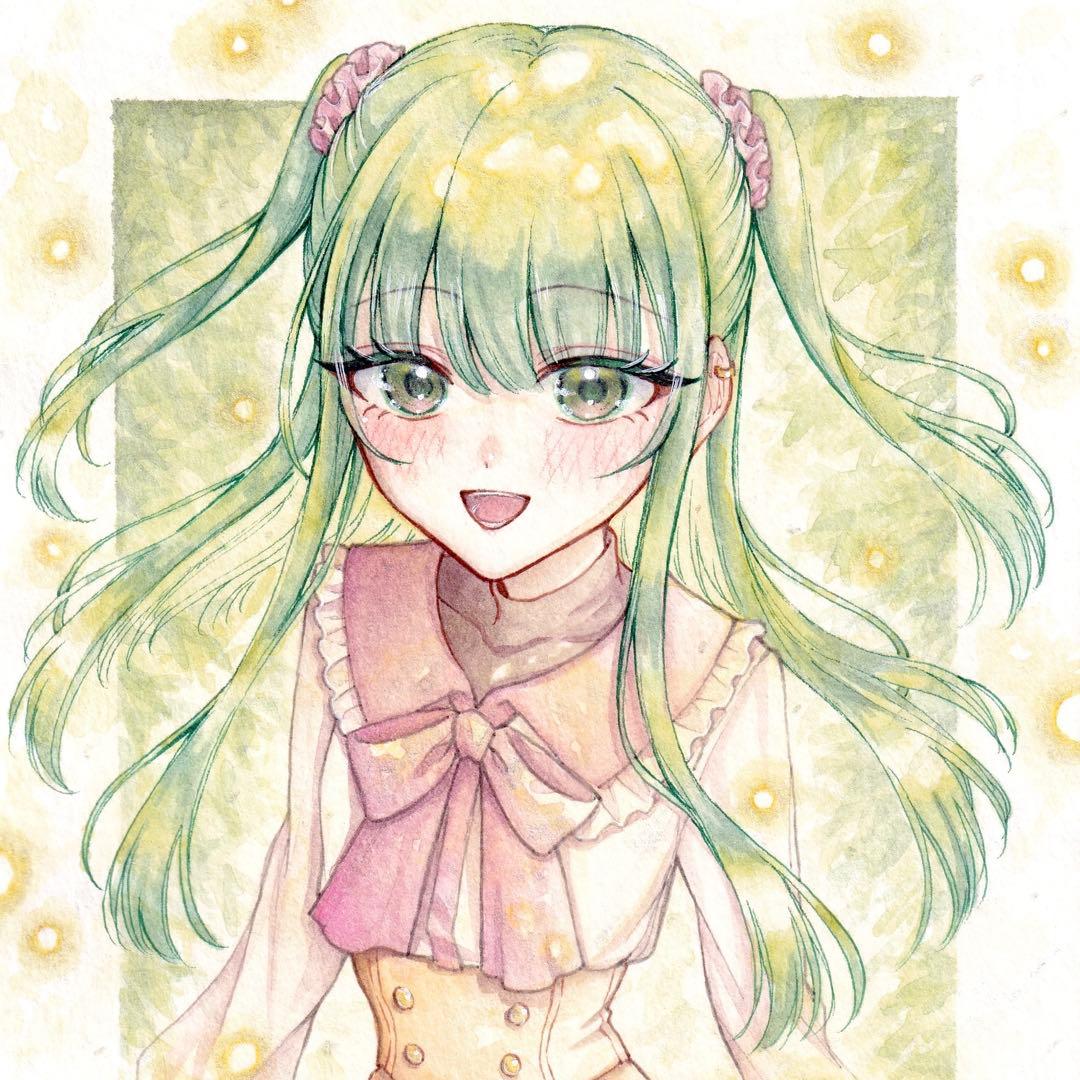 手描きイラスト オリジナル 創作 原画 女の子 緑 B6サイズ