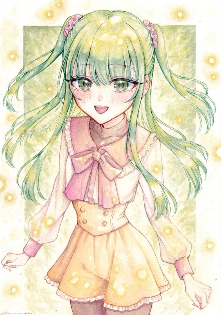 手描きイラスト オリジナル 創作 原画 女の子 緑 B6サイズ