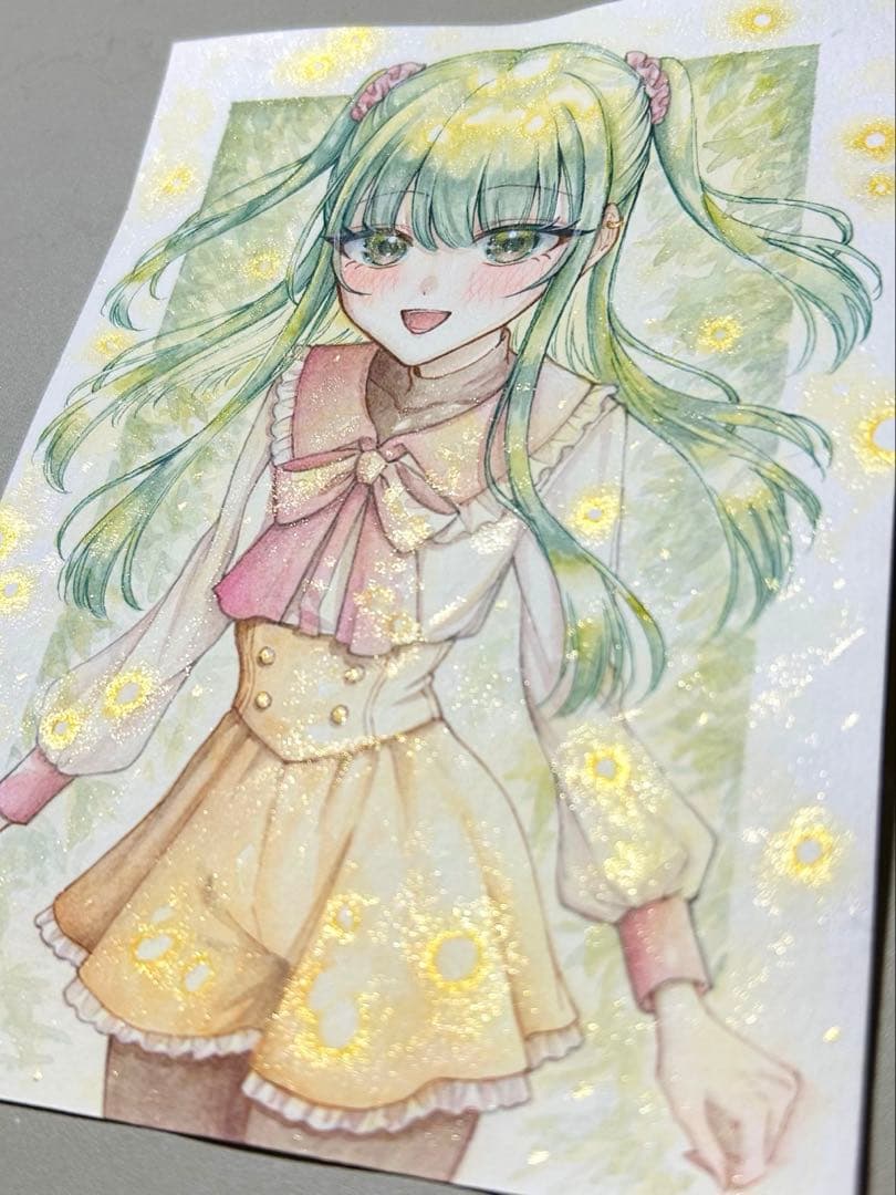 手描きイラスト オリジナル 創作 原画 女の子 緑 B6サイズ