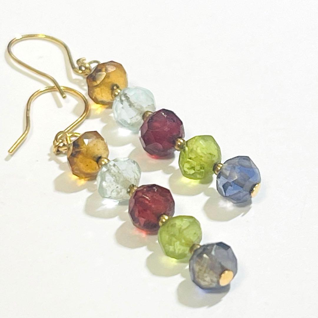 18金ピアス　多色天然石のダングルピアス