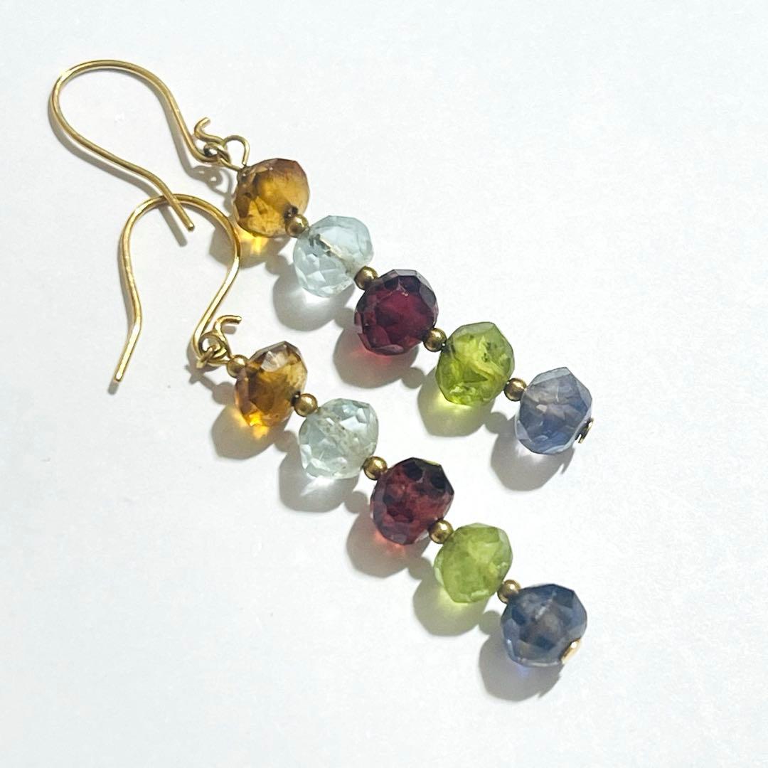 18金ピアス　多色天然石のダングルピアス