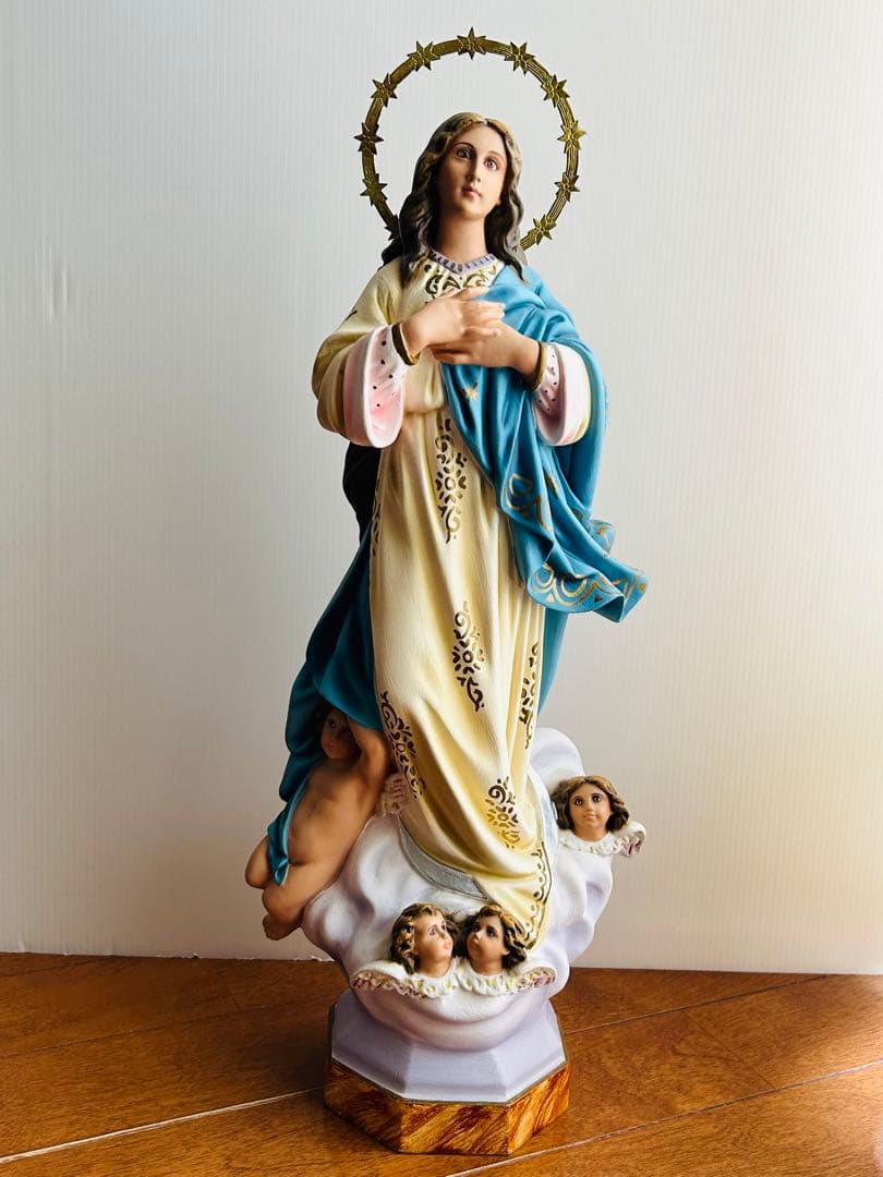 【超超希少美45.3cm】✞無原罪の御宿り 胸に手を当てる聖母マリア像　宗教彫刻