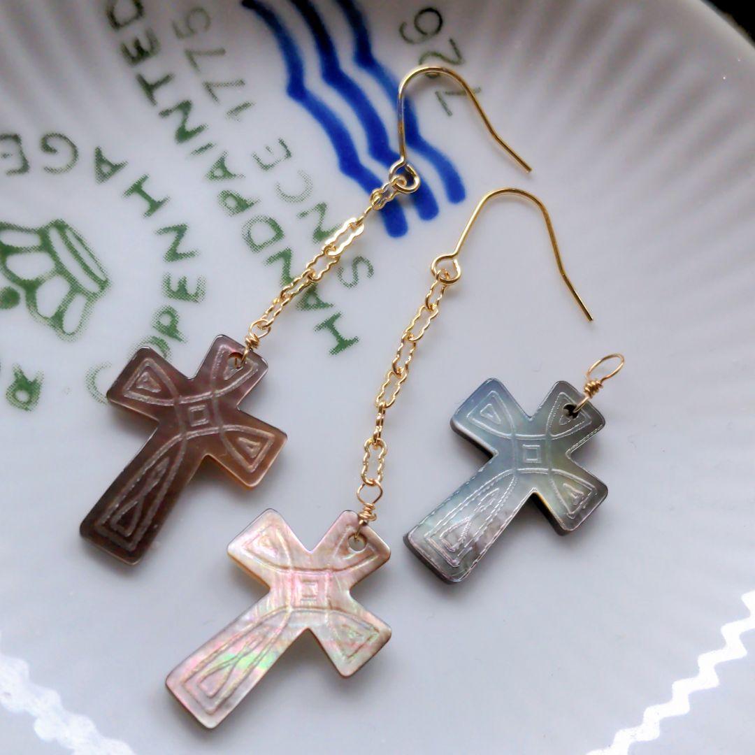 14kgf 天然シェル黒蝶貝クロス十字架シンプルピアスチャームセット