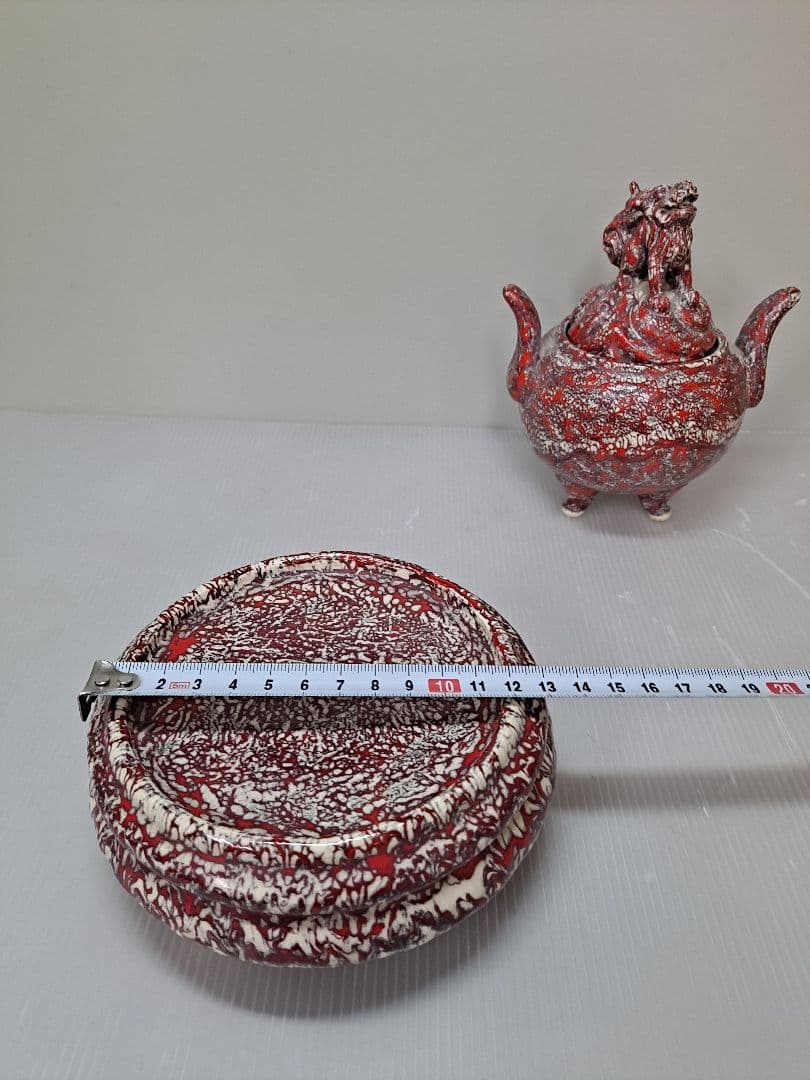 美品 未使用 箕面焼 二代松田箕山 獅子付き 耳付き 三ツ足香炉 茶道具 共箱