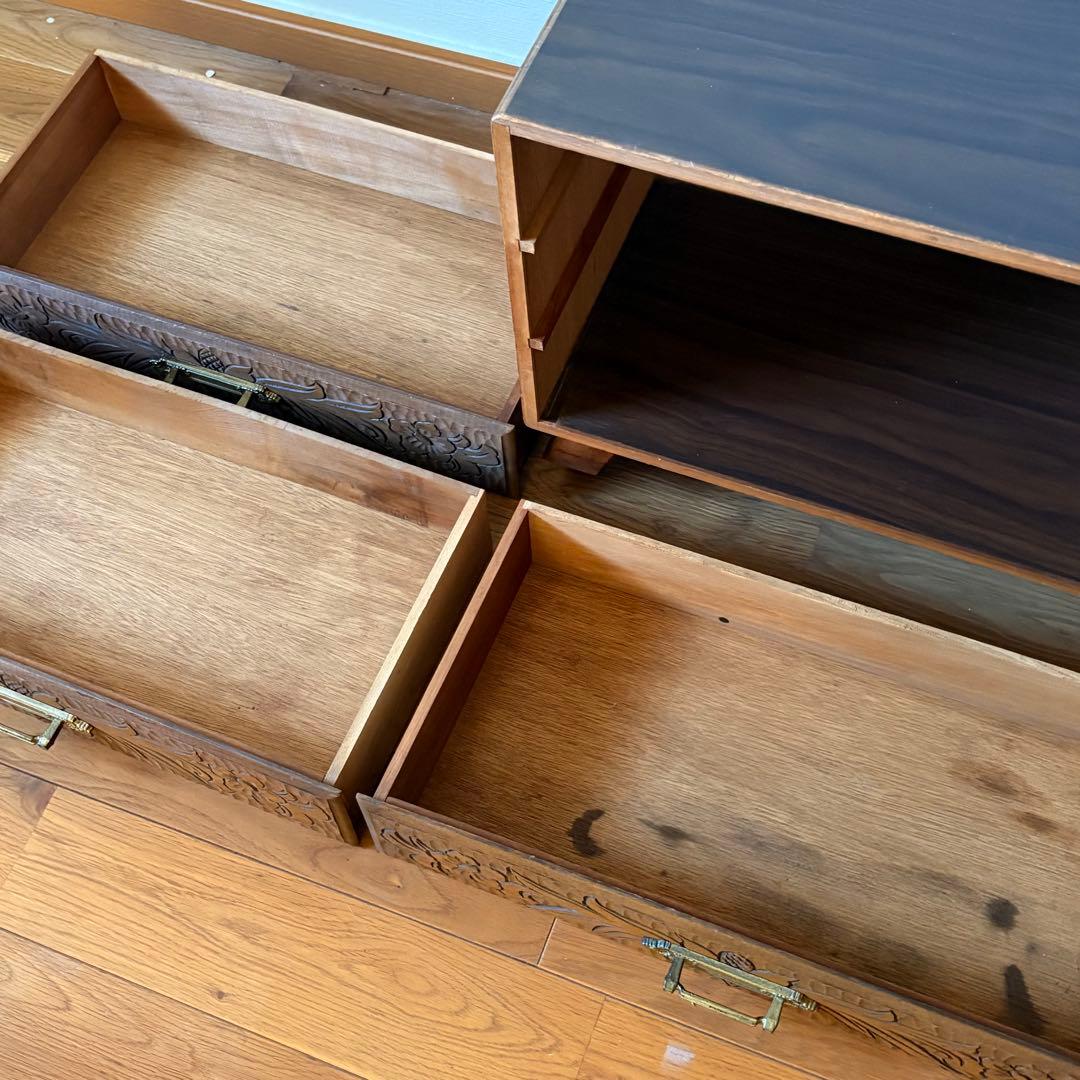 昭和レトロ 花彫刻 木製3段チェスト｜ヴィンテージ小引き出し キャスター付き