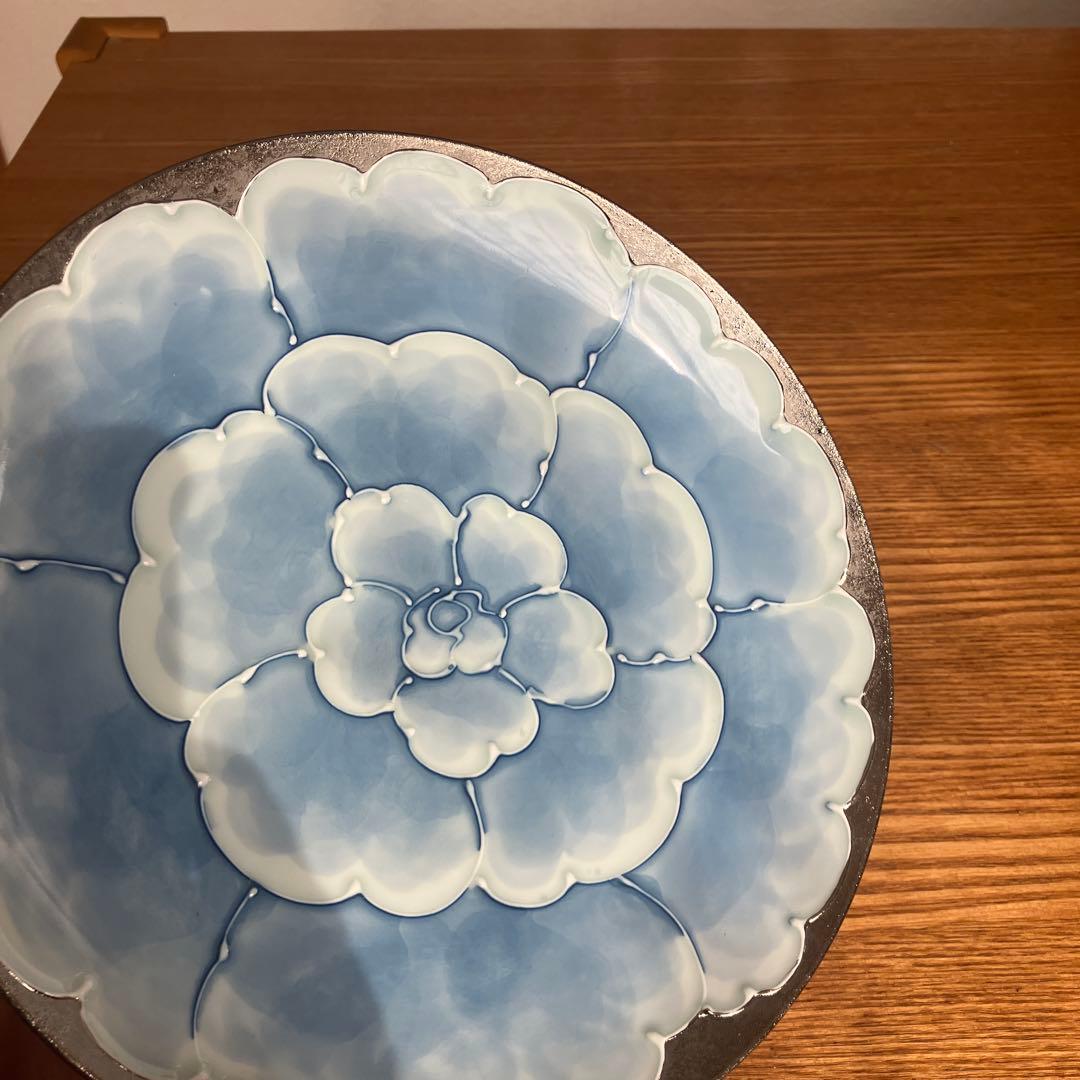 珍品【美品】有田焼　文山窯　プラチナ牡丹　高台皿　箱無し
