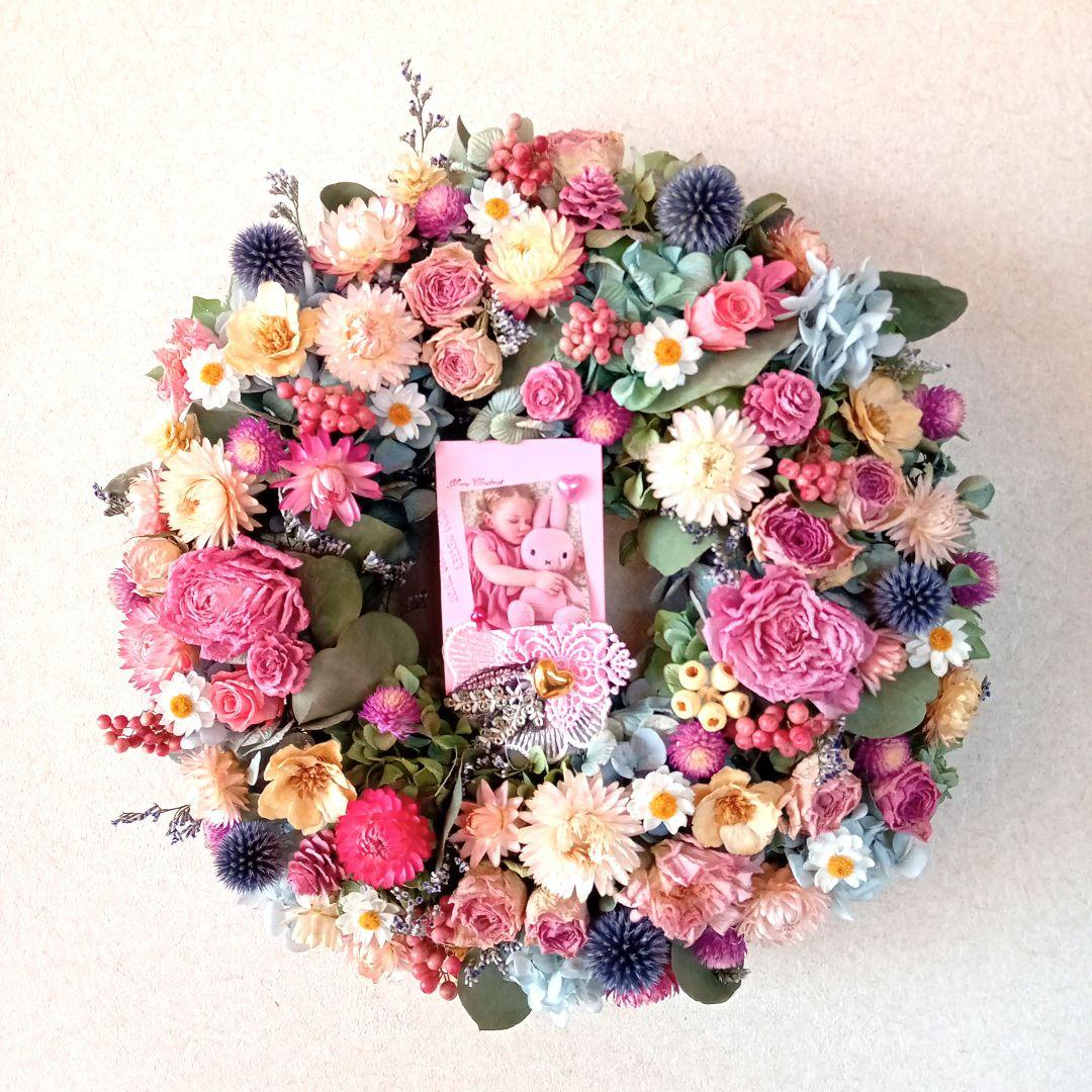 ももさく＆秋色紫陽花とピンク系小花＆オレンジイエロー系小花リース2個セット