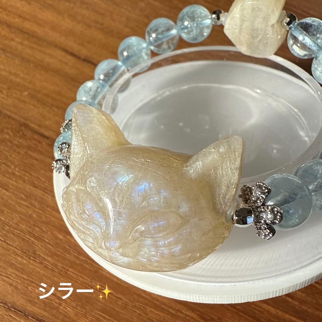 可愛い❢アクアマリンとムーンストーン猫ちゃんのブレス❥