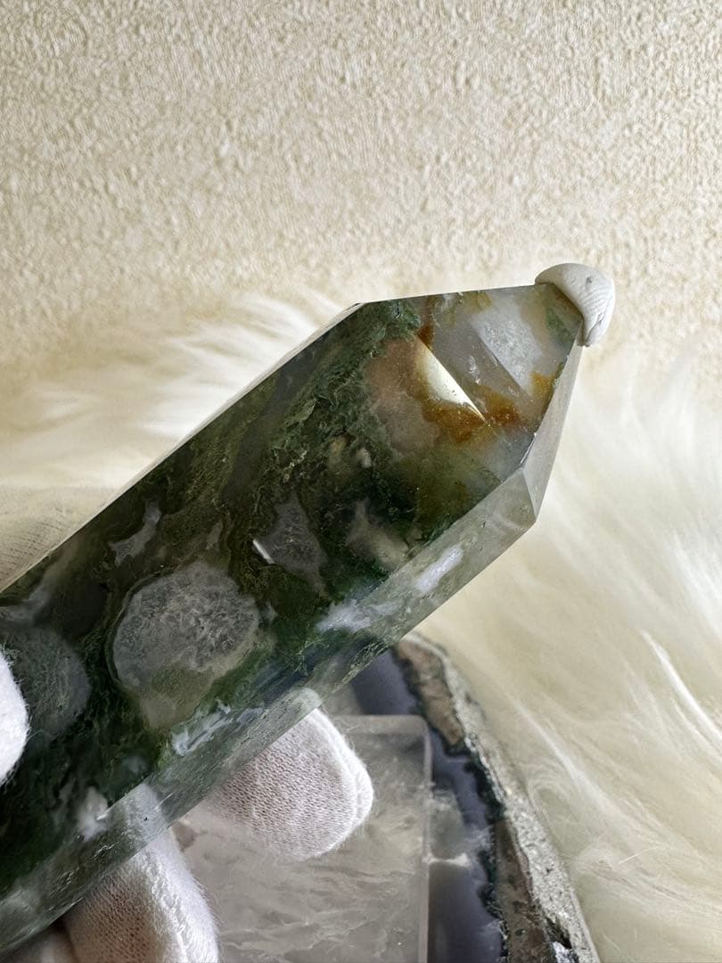 大サイズ モスアゲート 六角柱タワー ドゥルージー共生 苔瑪瑙 約15cm