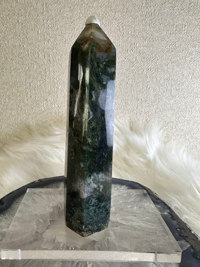 大サイズ モスアゲート 六角柱タワー ドゥルージー共生 苔瑪瑙 約15cm