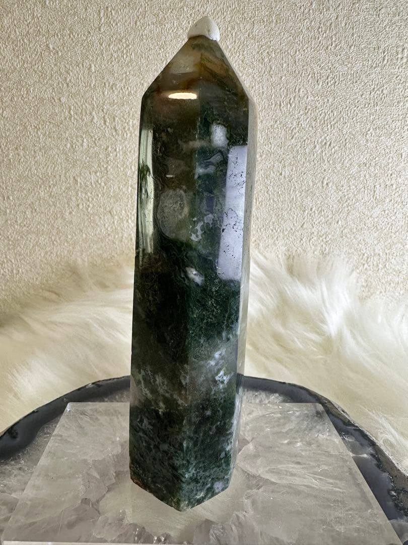 大サイズ モスアゲート 六角柱タワー ドゥルージー共生 苔瑪瑙 約15cm
