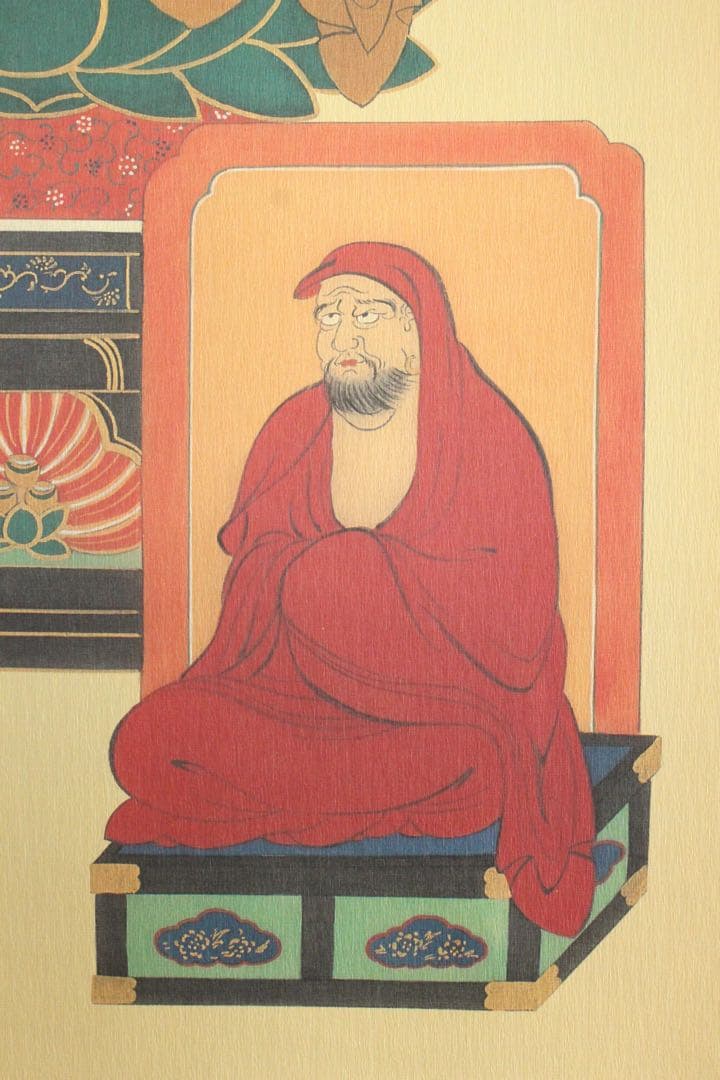 No5518 掛軸　釈迦三尊佛　紙本　紙箱　仏教美術　仏画　古美術　送料無料