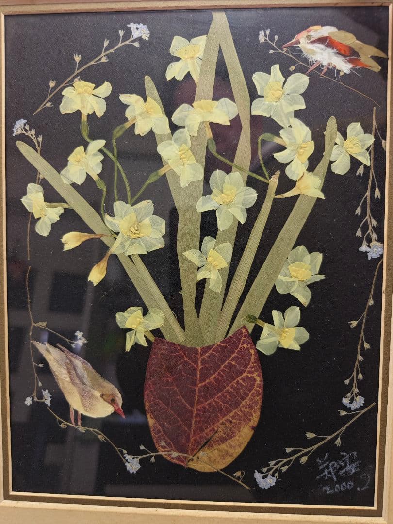 押し花アート 額付き 一点物「小鳥と水仙の詩」2000年制作 オリジナル作品
