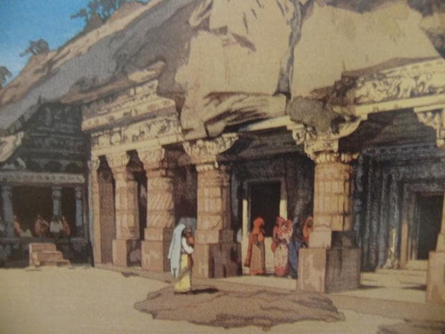 吉田博、【アジヤンタ】、希少な大判額装用画集より、美品、日本人画家