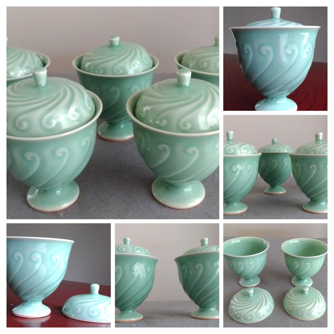 加賀九谷焼名工伝統工芸士　池島保雄　青磁波濤紋蓋付き線刻手彫りコンポート