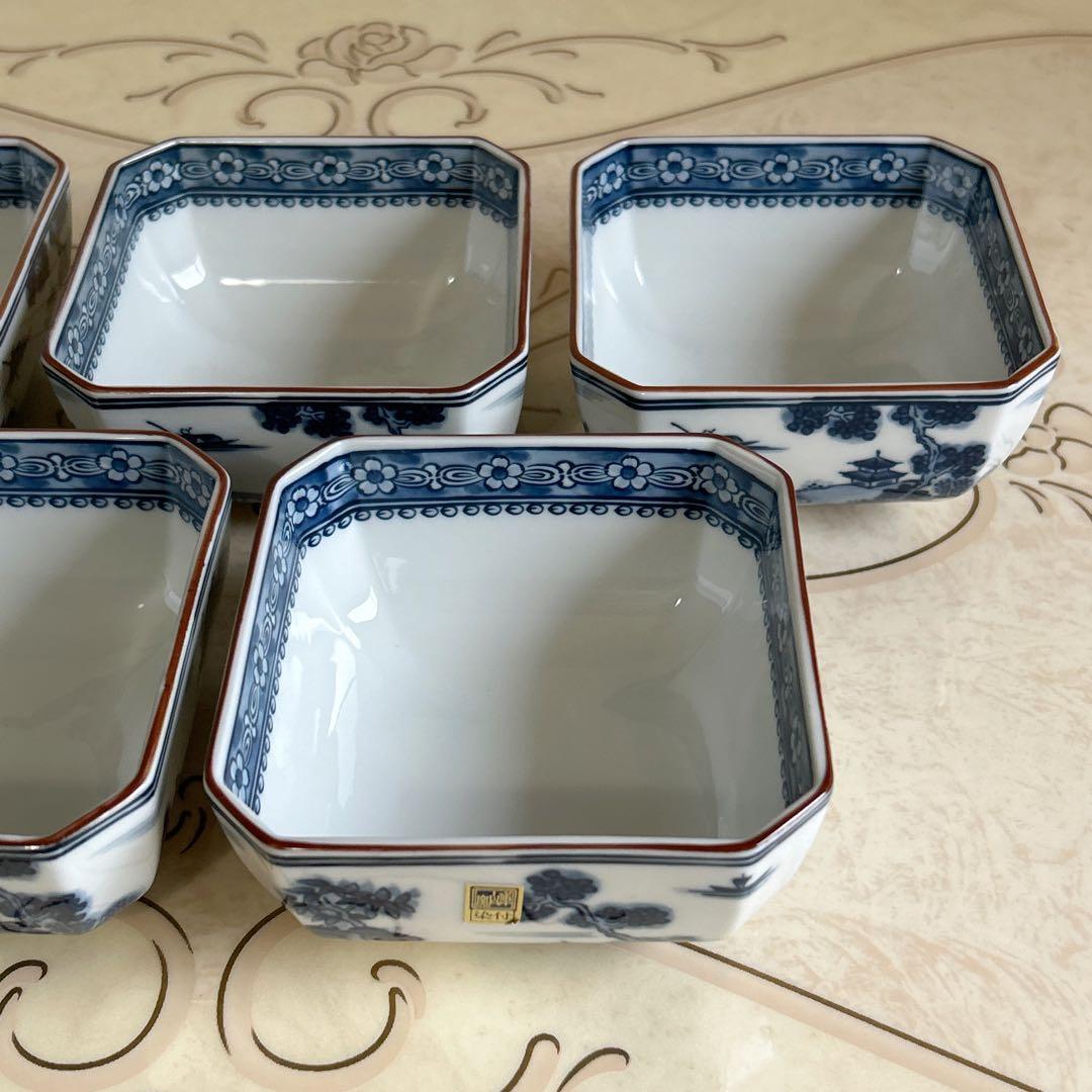 前畑陶器　庫山窯　染付山水　小鉢揃　5枚セット　煮物鉢　角皿　古伊万里　中鉢　和