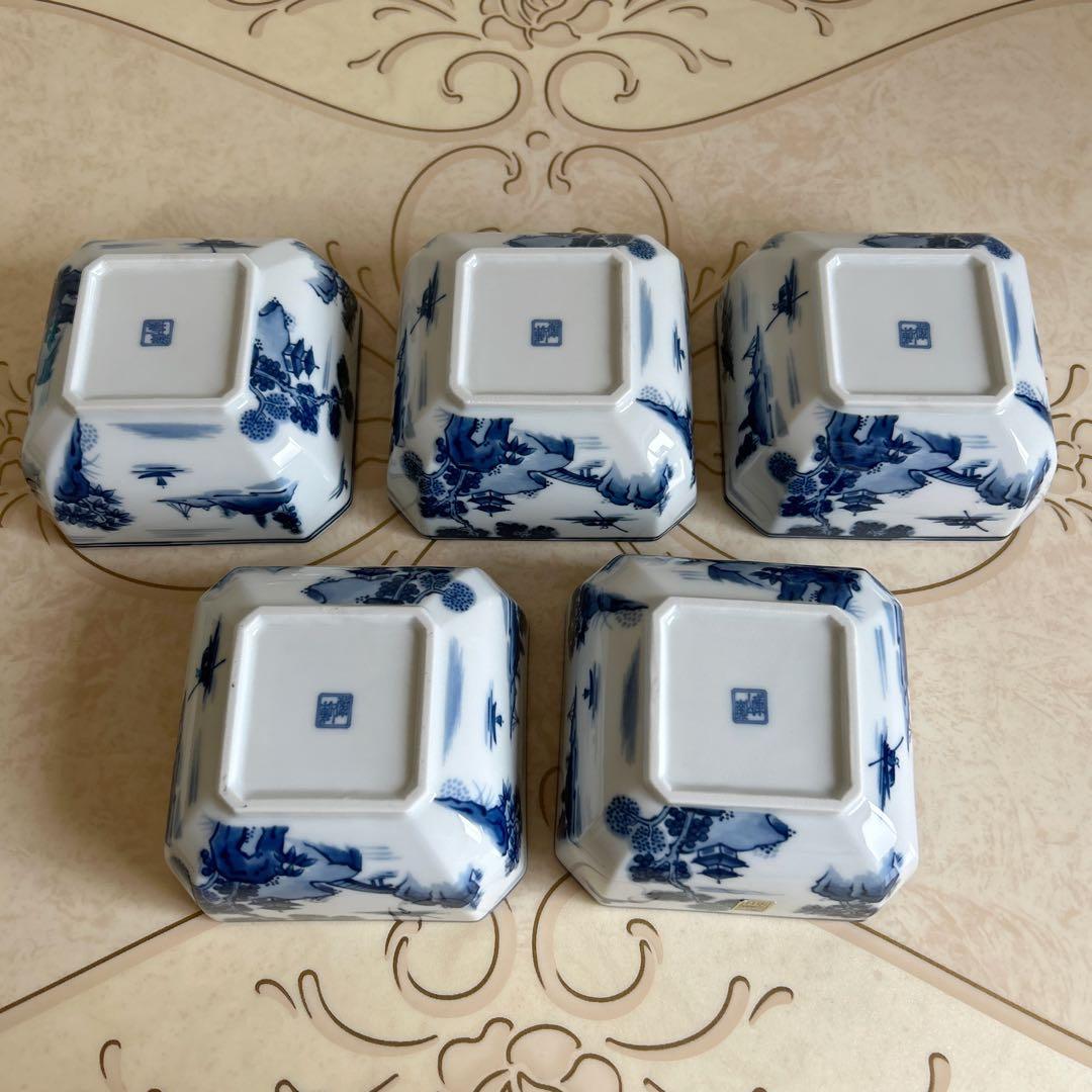 前畑陶器　庫山窯　染付山水　小鉢揃　5枚セット　煮物鉢　角皿　古伊万里　中鉢　和