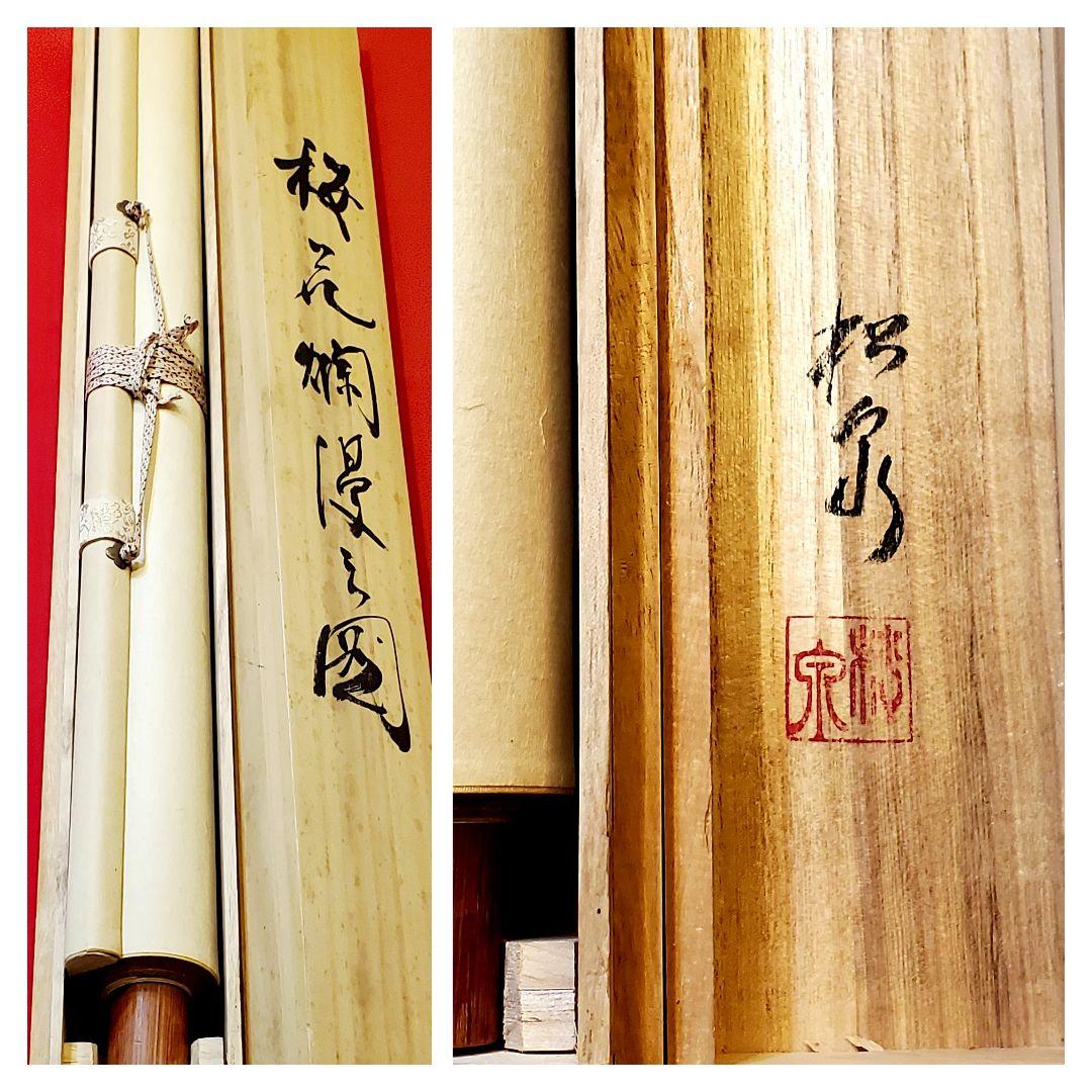 松泉　　桜花爛漫之図　山水図　掛け軸　共箱