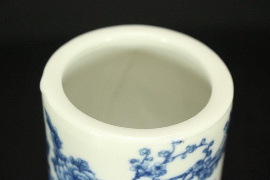 中国美術 青花 花鳥紋 筆筒 乾隆年製 高8cm 文房具(HA414)