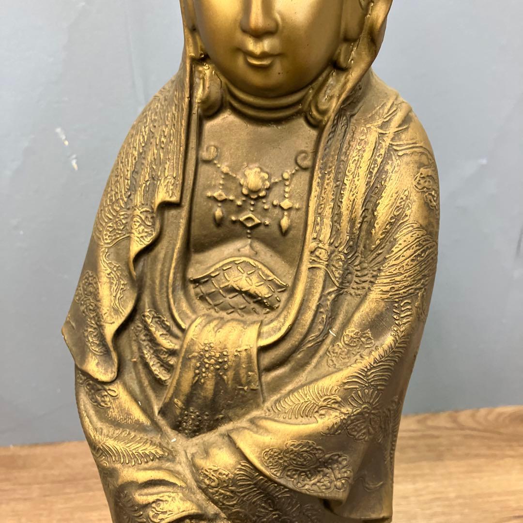 4F 観音菩薩像 黄金色 彫刻 仏像 鳳凰 雲海文様 繊細彫刻 置物 インテリア