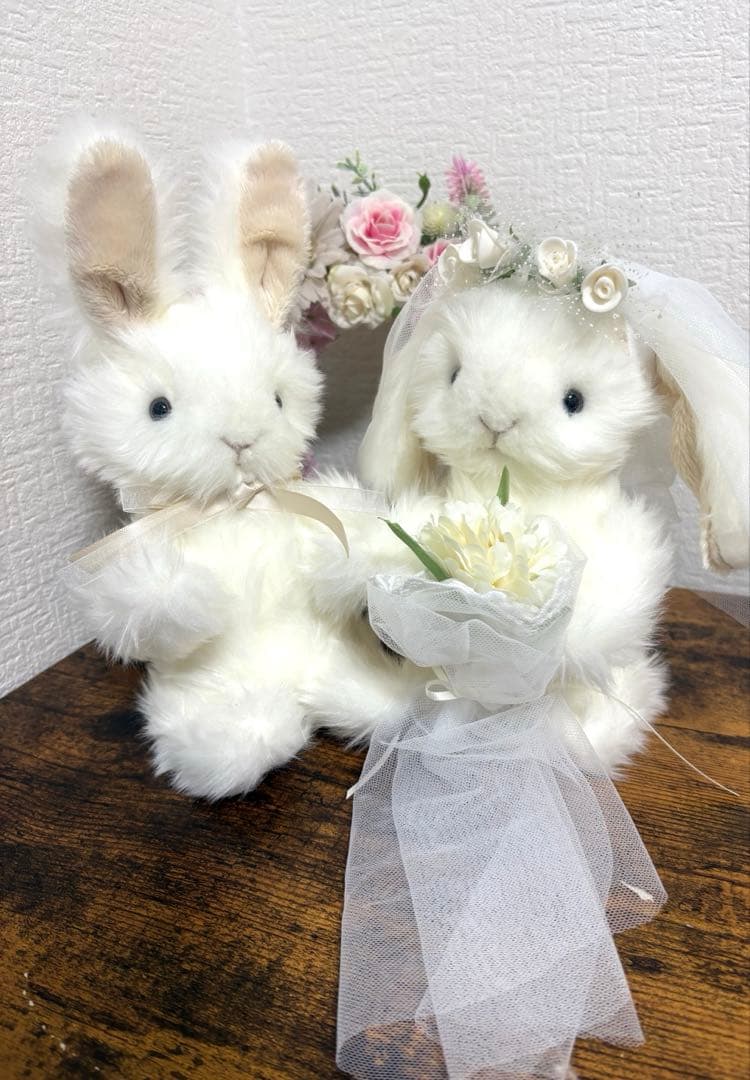 ハンドメイドぬいぐるみ ウェディングペア 寄り添ううさぎ 一点もの 結婚祝い