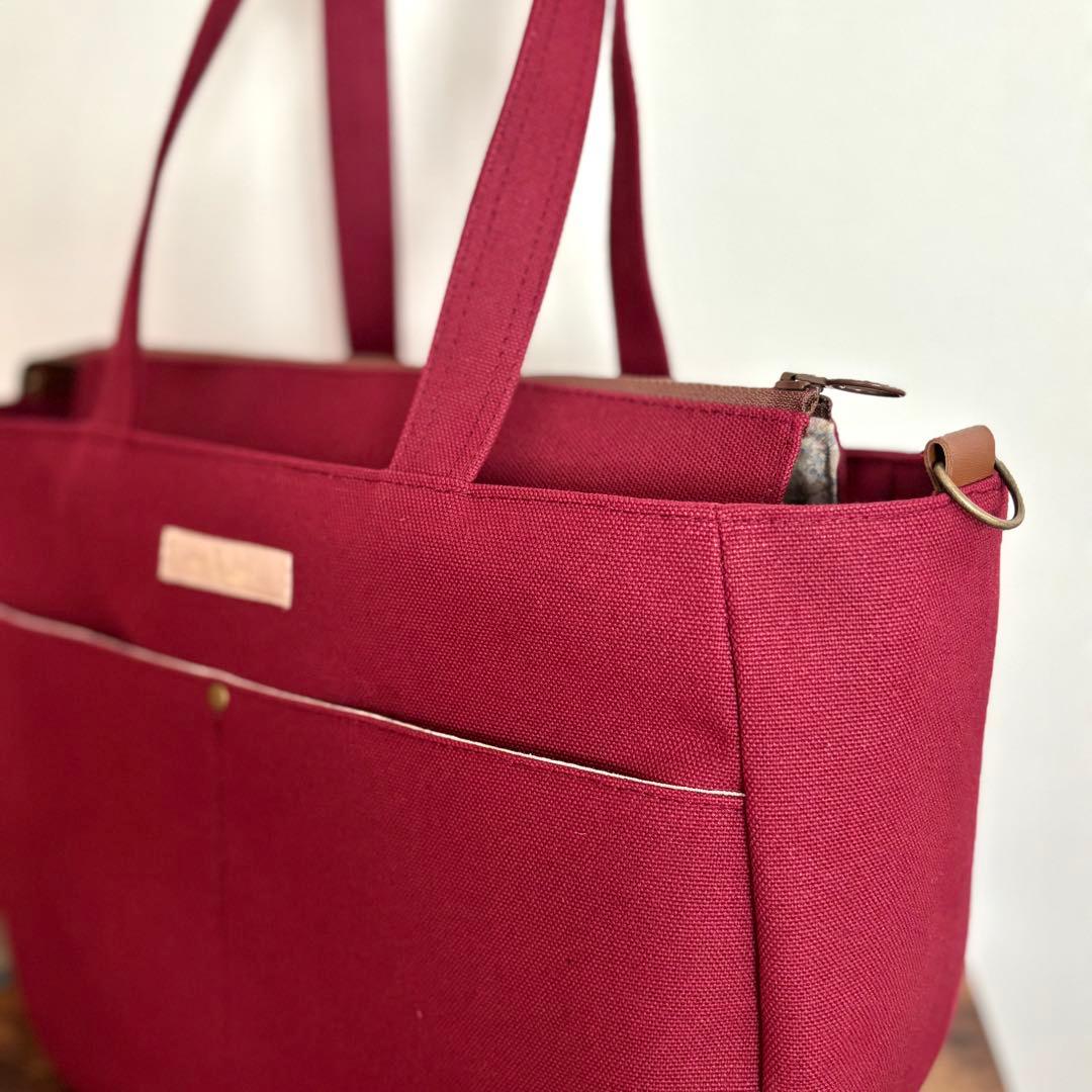 【テラモカ】ラウンドトートバッグL 倉敷8号帆布　ボルドー　ファスナー開閉