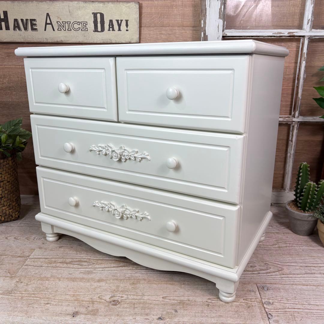 訳あり品！【147】フレンチ調ホワイトチェスト三段四つ引き木製収納家具姫系タンス
