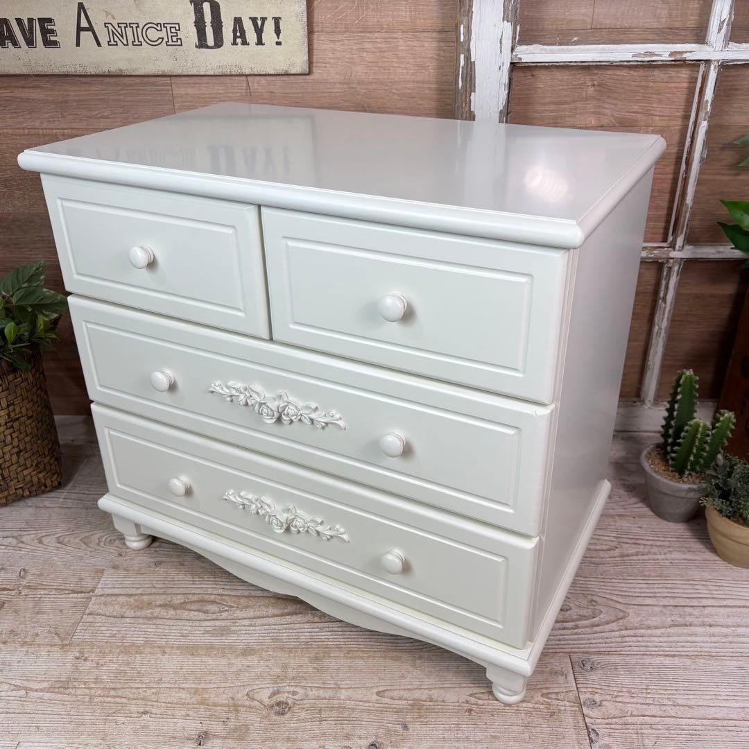 訳あり品！【147】フレンチ調ホワイトチェスト三段四つ引き木製収納家具姫系タンス