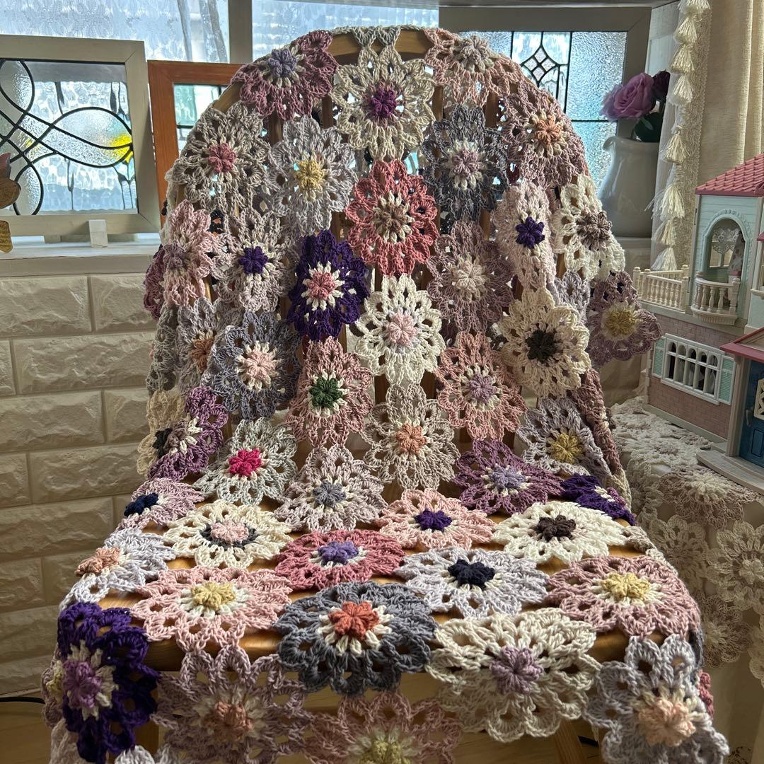 お花のモチーフ編み マルチカバー ブランケット コットン モーブカラー