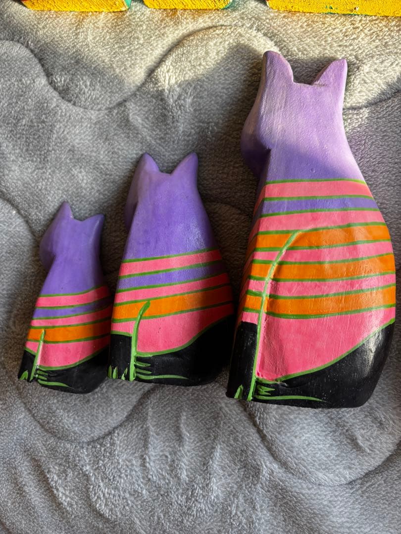 バリ猫 木彫り 置物 カラフル エスニック 縁起物 12体セット