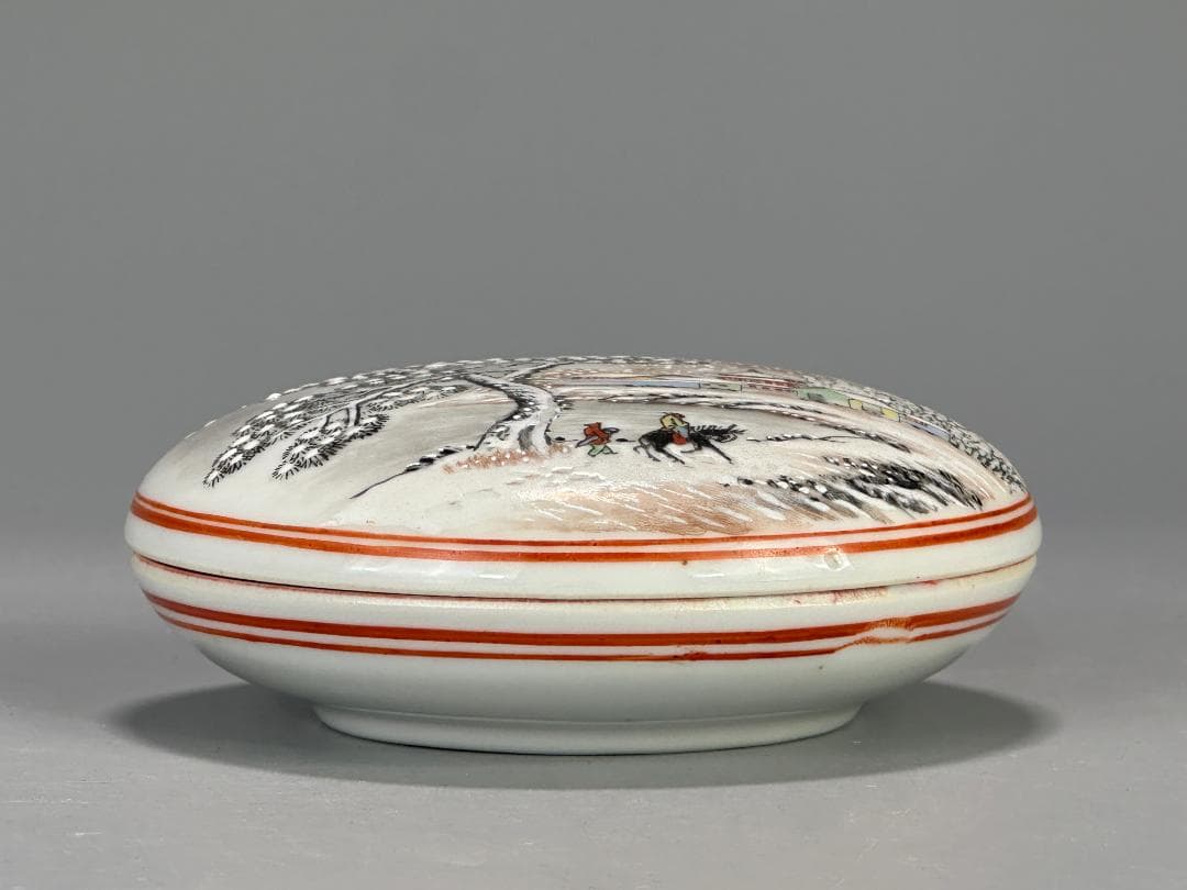 書道具　文房具　景徳鎮製　朱肉　雪景画　乾隆年製　款　時代　唐物