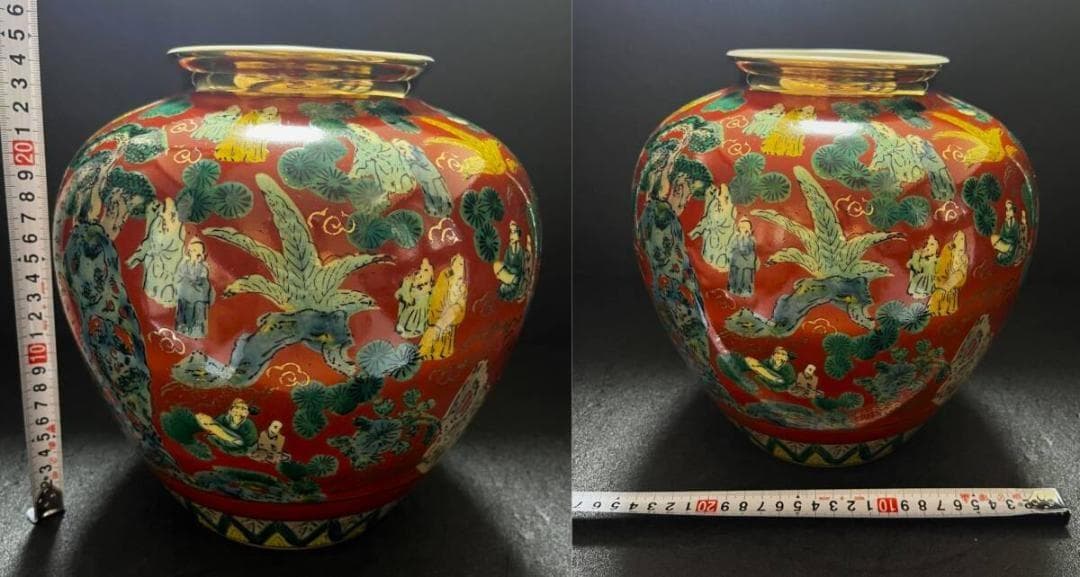 【未使用】　九谷焼 青木木米 色絵　赤地　唐子図　象　老人 花器 花瓶 壺