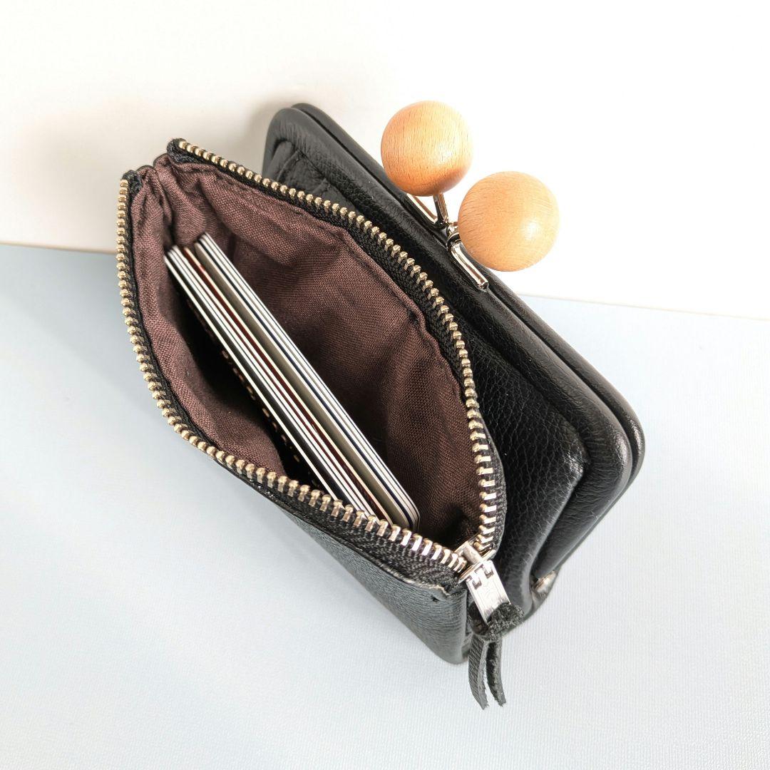 がま口コンパクトお財布　左利き用　ハンドメイド　黒革