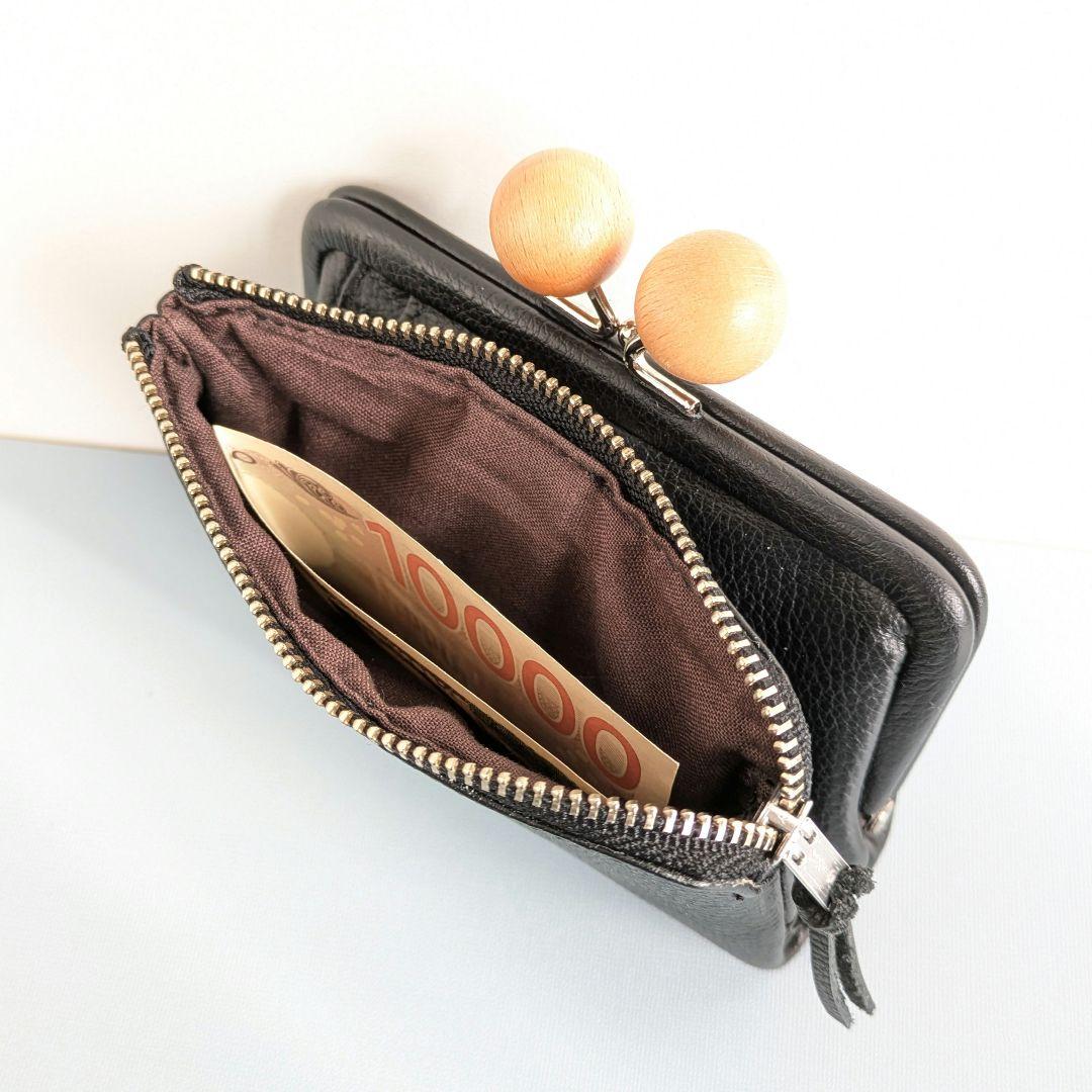 がま口コンパクトお財布　左利き用　ハンドメイド　黒革