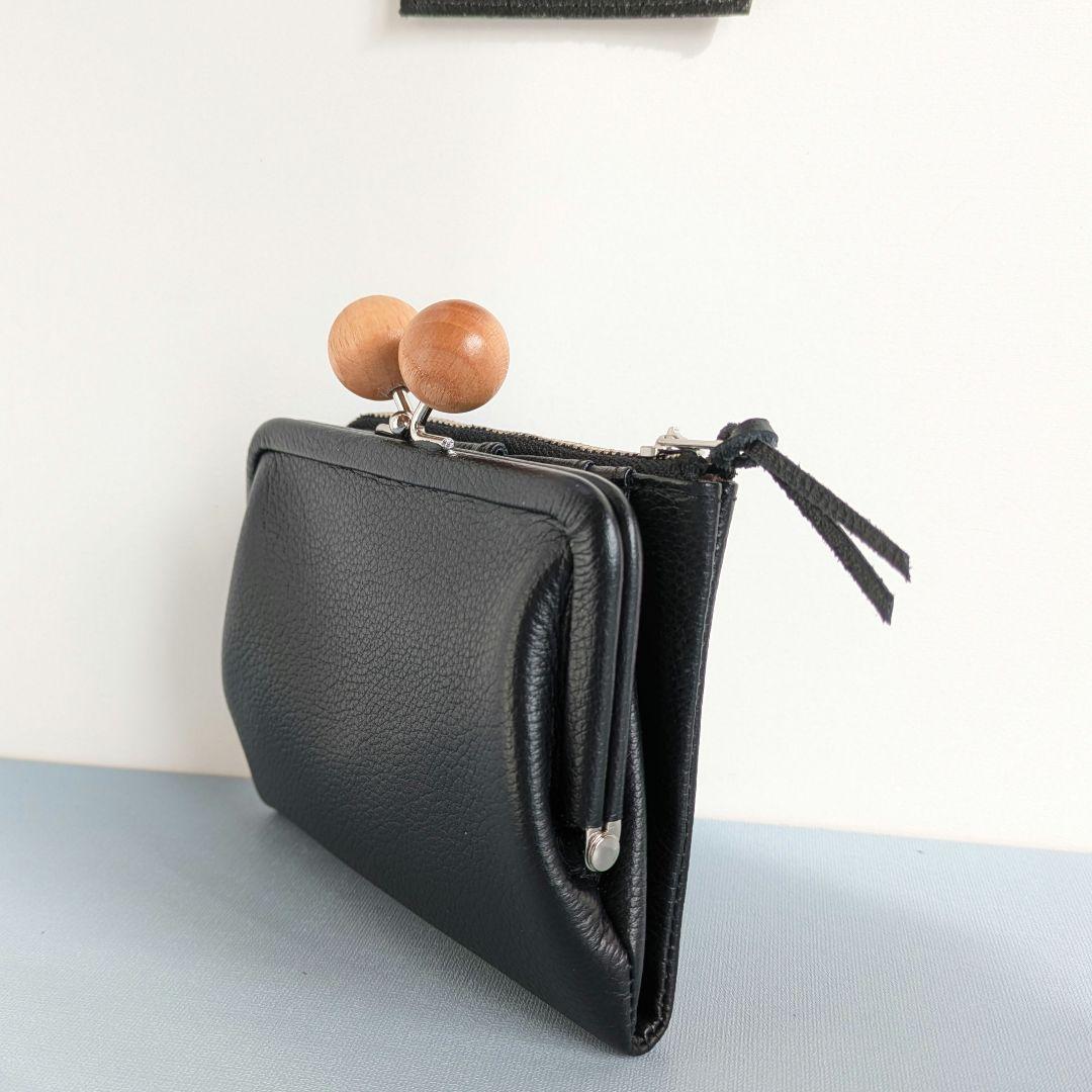 がま口コンパクトお財布　左利き用　ハンドメイド　黒革