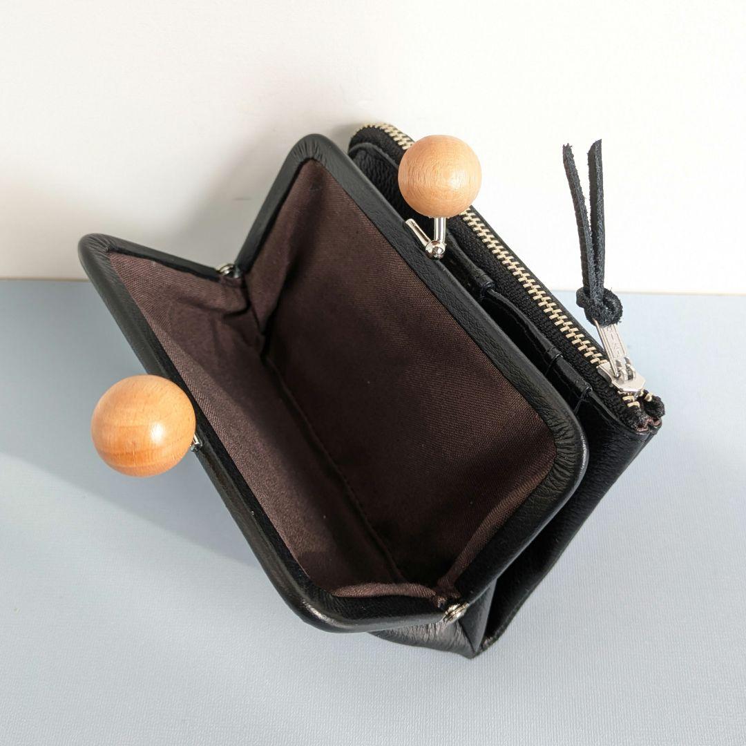 がま口コンパクトお財布　左利き用　ハンドメイド　黒革
