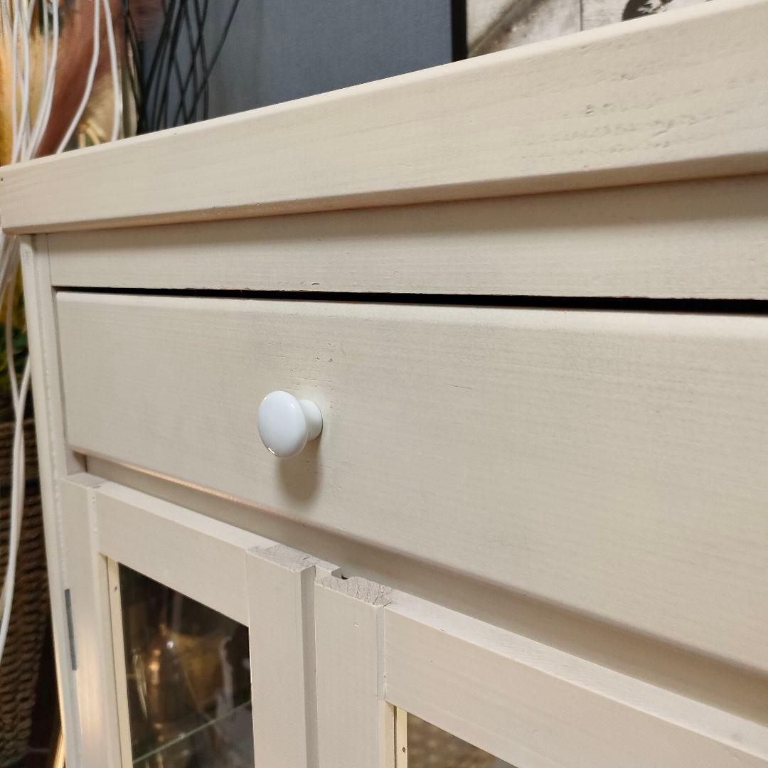 カントリーシャビー キュリオケース タイル天板 背面ミラー 引き出し付き