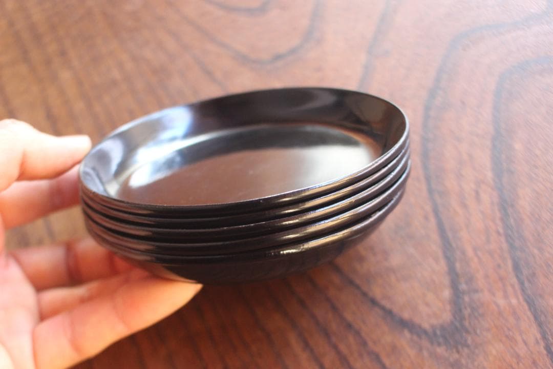 小傷有！シンプルデザインに時代黒漆の映える小皿5点（検輪島塗菓子皿銘々皿