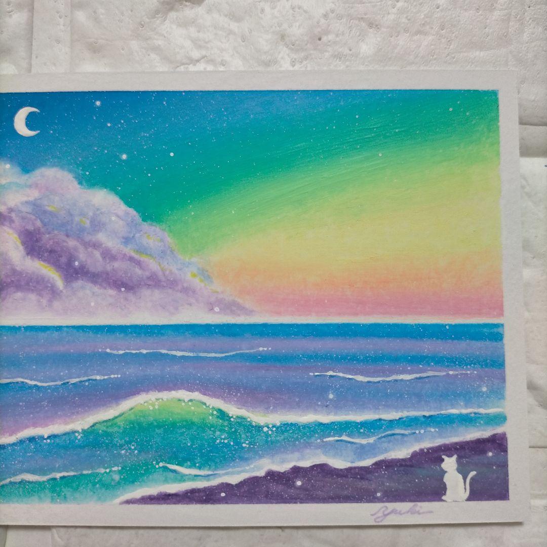 海を見つめる子猫 風景画 オイルパステル画 原画 ハガキサイズ 絵画 #107