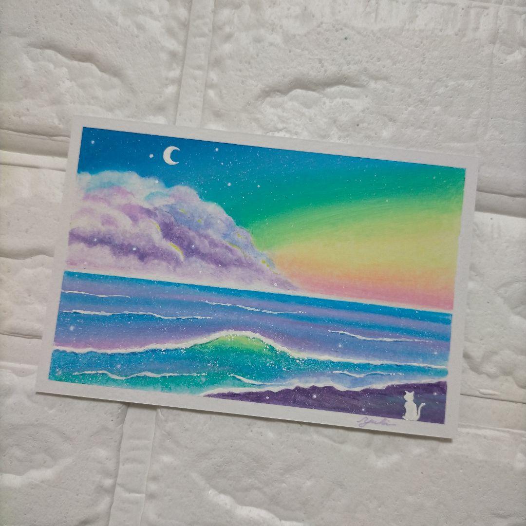 海を見つめる子猫 風景画 オイルパステル画 原画 ハガキサイズ 絵画 #107