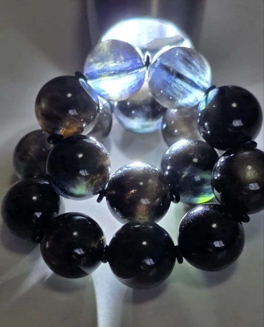 希少石　12㎜　ブラックスターアクアマリンブレスレット